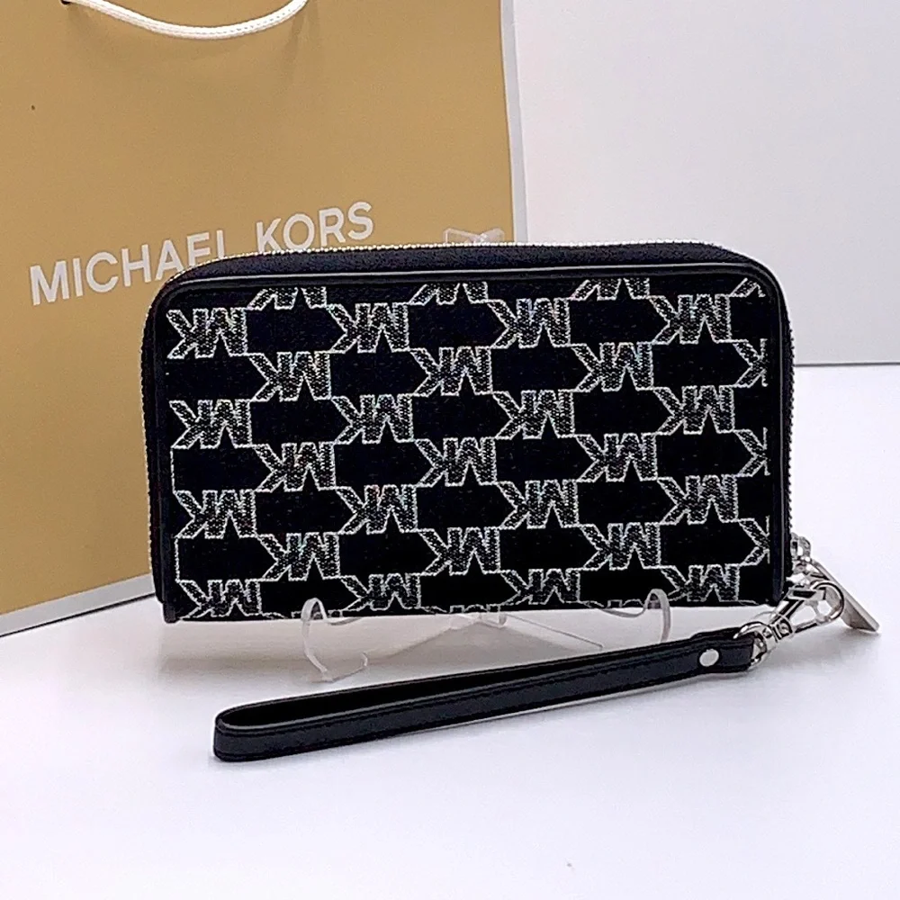 Michael Kors Jet Set Travel Large Phone Case Wristlet Wallet Black Glitter Multi